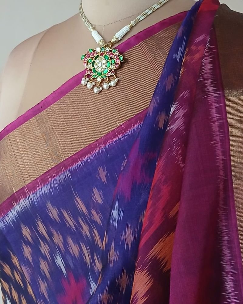 Handloom Single Ikat in Silk-Cotton Saree – (HSIS0040) - Image 5
