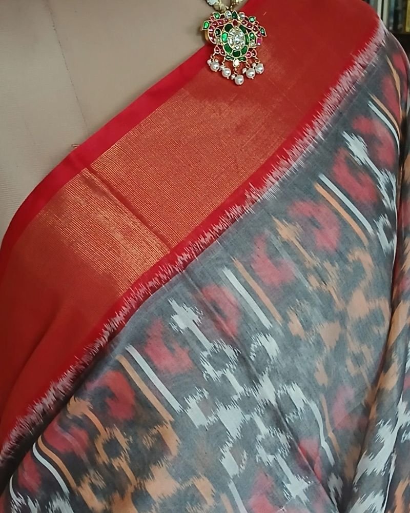 Handloom Single Ikat in Silk-Cotton Saree – (HSIS0041) - Image 3