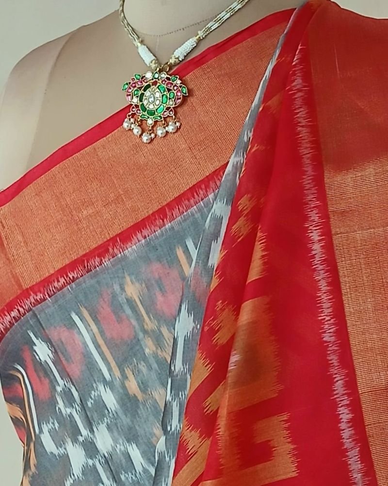 Handloom Single Ikat in Silk-Cotton Saree – (HSIS0041) - Image 6