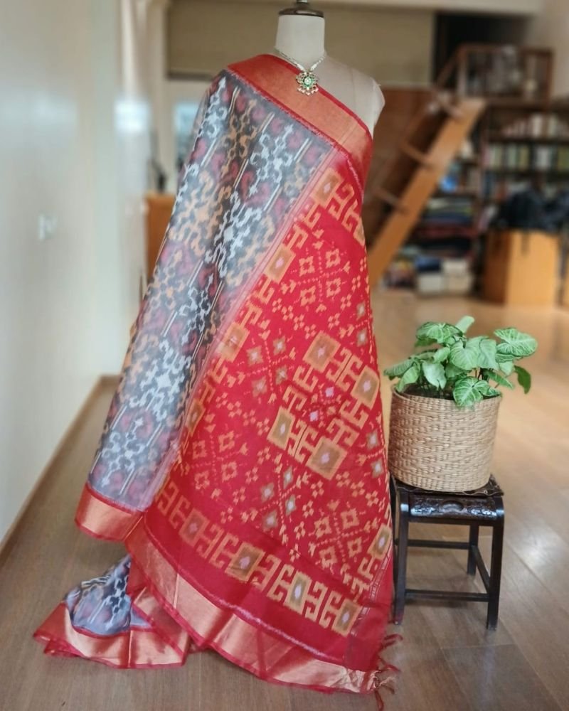 Handloom Single Ikat in Silk-Cotton Saree – (HSIS0041) - Image 7