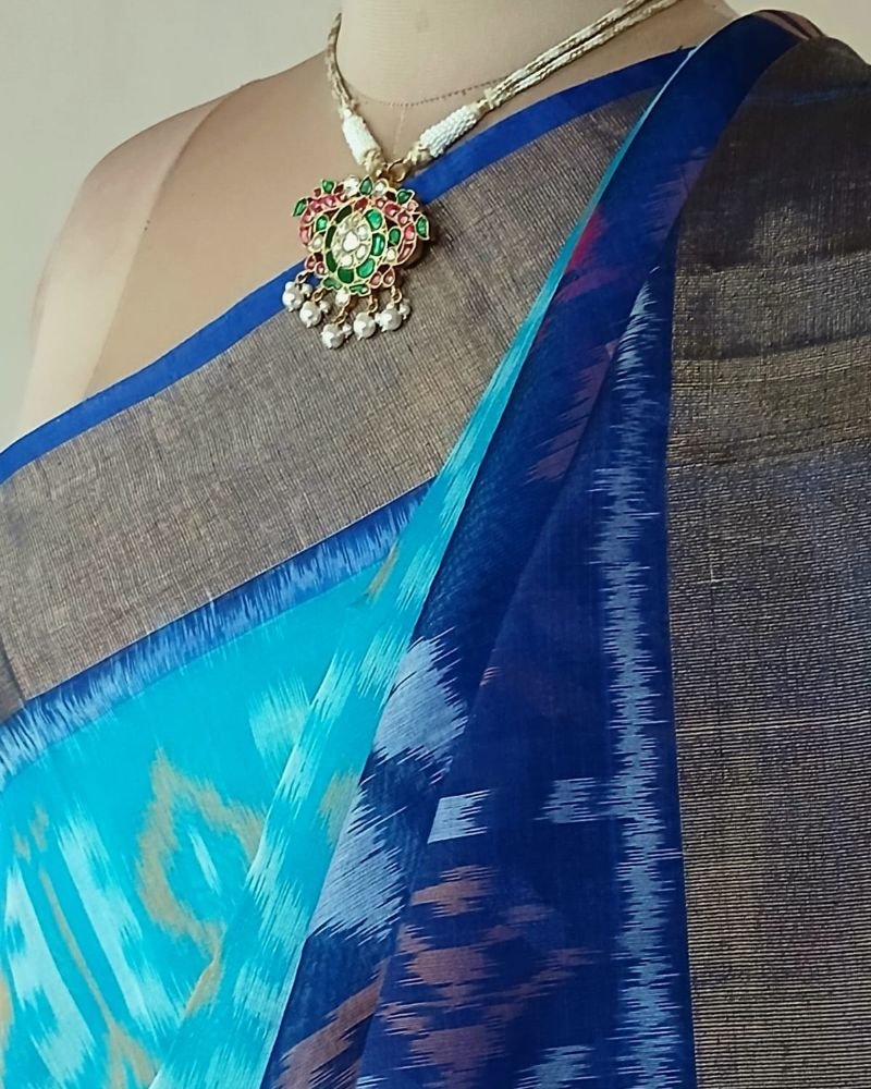 Handloom Single Ikat in Silk-Cotton Saree – (HSIS0042) - Image 6