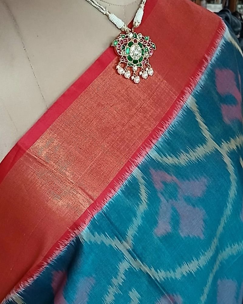 Handloom Single Ikat in Silk-Cotton Saree – (HSIS0043) - Image 3