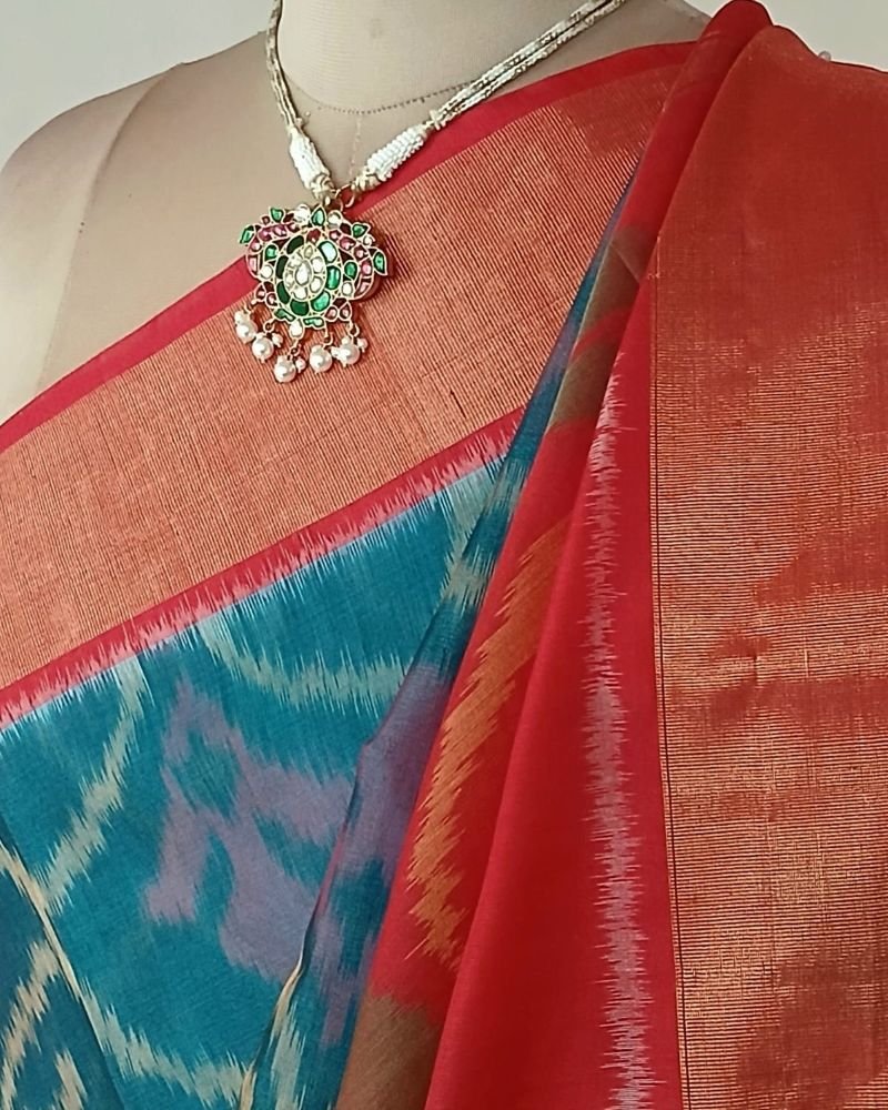 Handloom Single Ikat in Silk-Cotton Saree – (HSIS0043) - Image 6