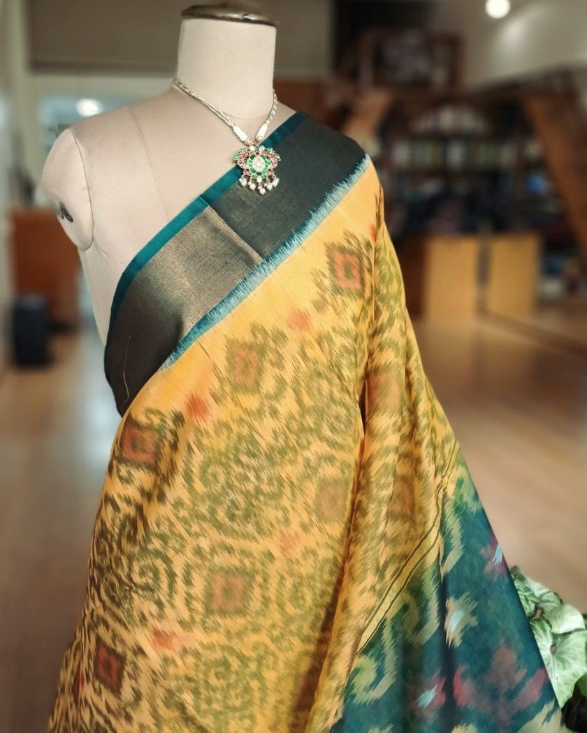 Handloom Single Ikat in Silk-Cotton Saree – (HSIS0034) - Image 2