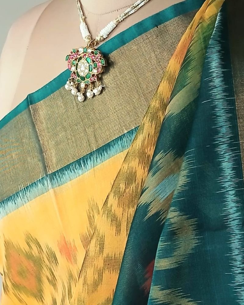 Handloom Single Ikat in Silk-Cotton Saree – (HSIS0034) - Image 6