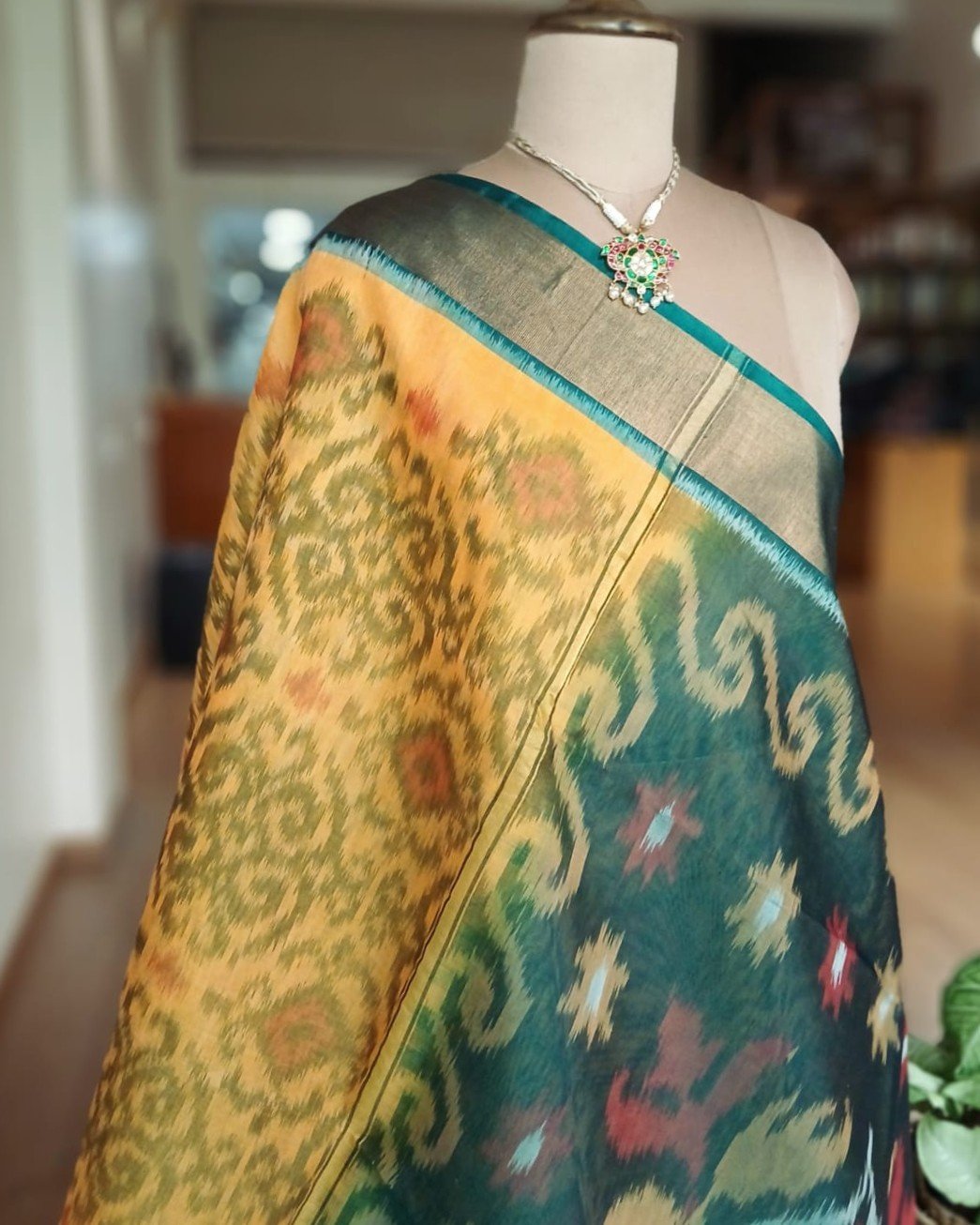 Handloom Single Ikat in Silk-Cotton Saree – (HSIS0034) - Image 7