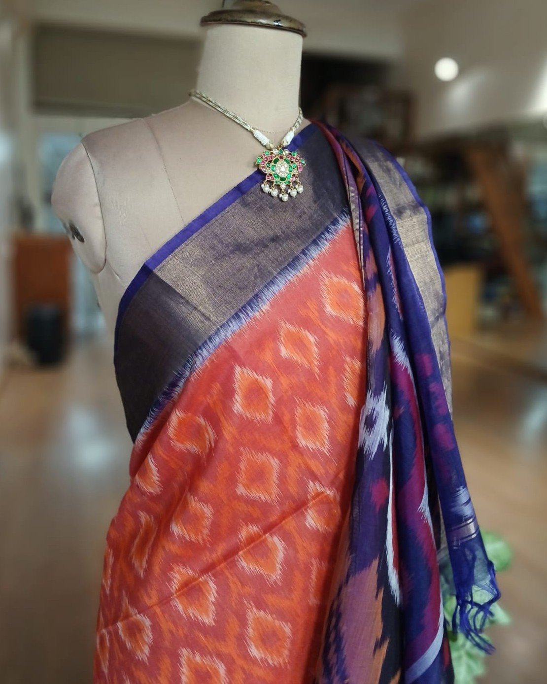 Handloom Single Ikat in Silk-Cotton Saree – (HSIS0035) - Image 5
