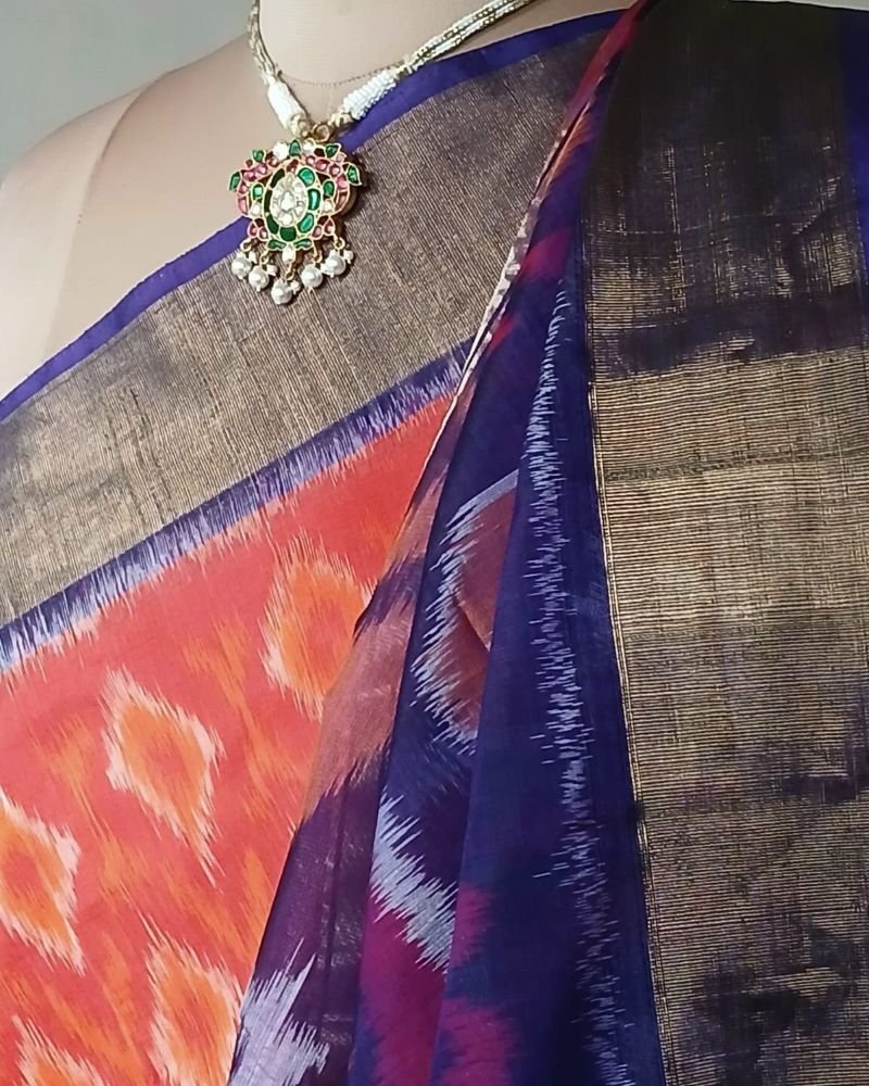 Handloom Single Ikat in Silk-Cotton Saree – (HSIS0035) - Image 6