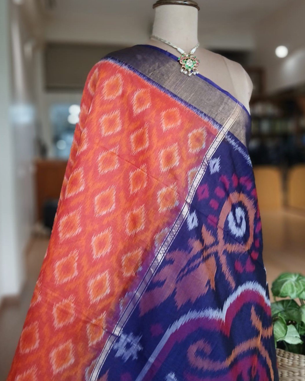 Handloom Single Ikat in Silk-Cotton Saree – (HSIS0035) - Image 8