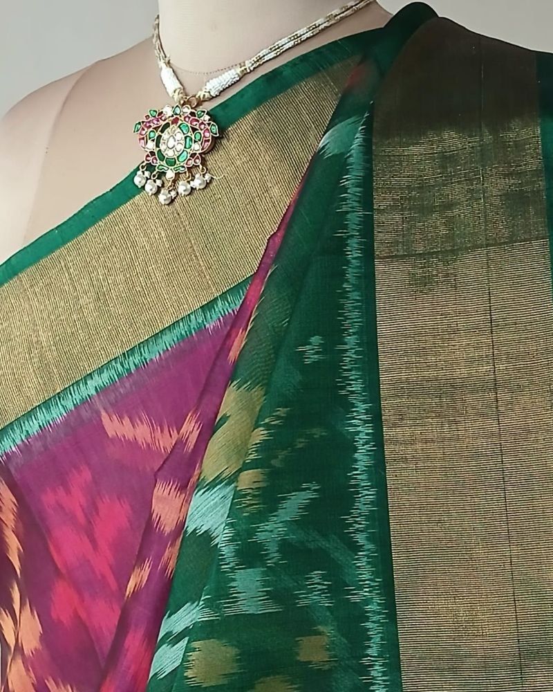 Handloom Single Ikat in Silk-Cotton Saree – (HSIS0036) - Image 6