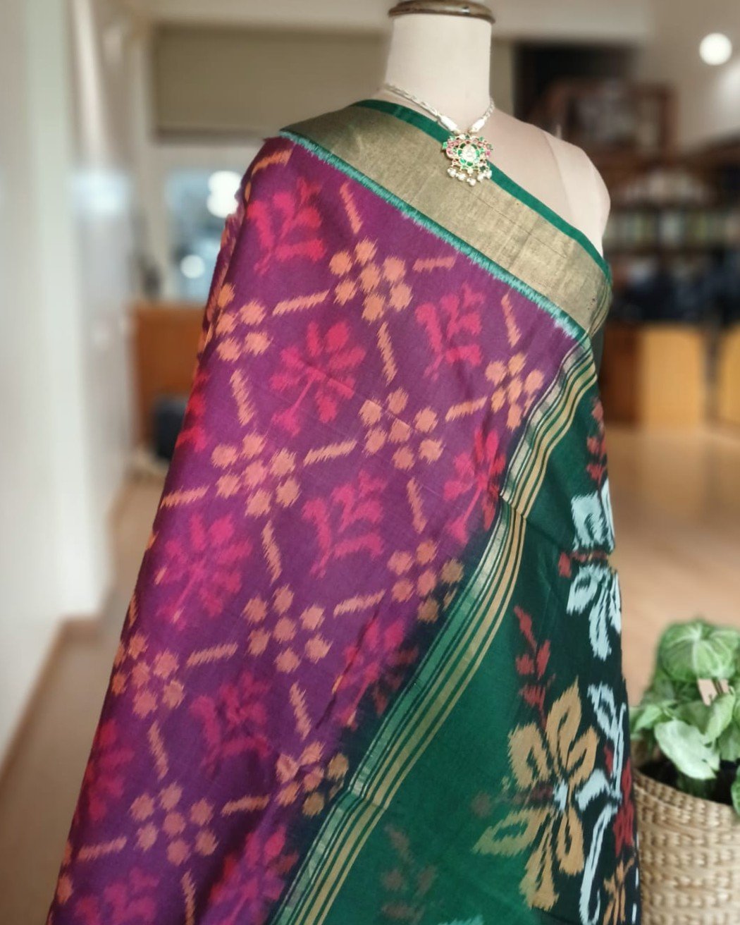 Handloom Single Ikat in Silk-Cotton Saree – (HSIS0036) - Image 8