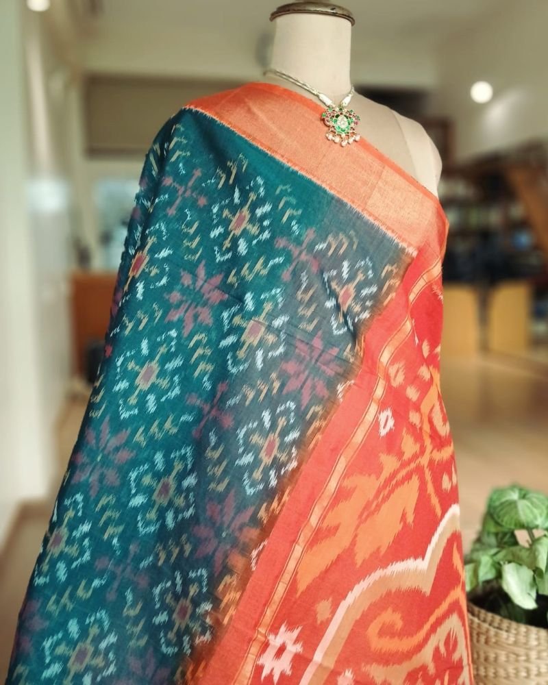 Handloom Single Ikat in Silk-Cotton Saree – (HSIS0037) - Image 7