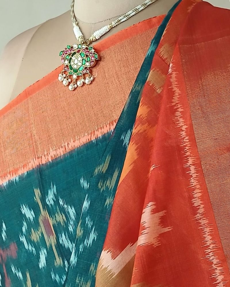Handloom Single Ikat in Silk-Cotton Saree – (HSIS0037) - Image 5