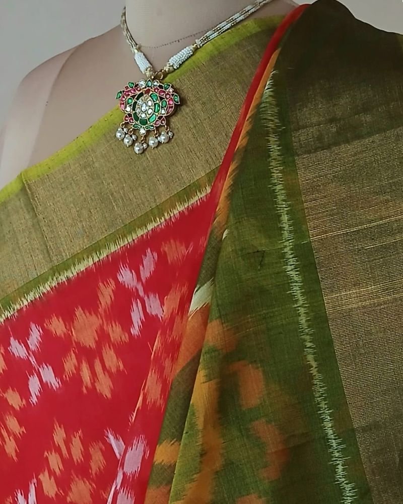 Handloom Single Ikat in Silk-Cotton Saree – (HSIS0039) - Image 6