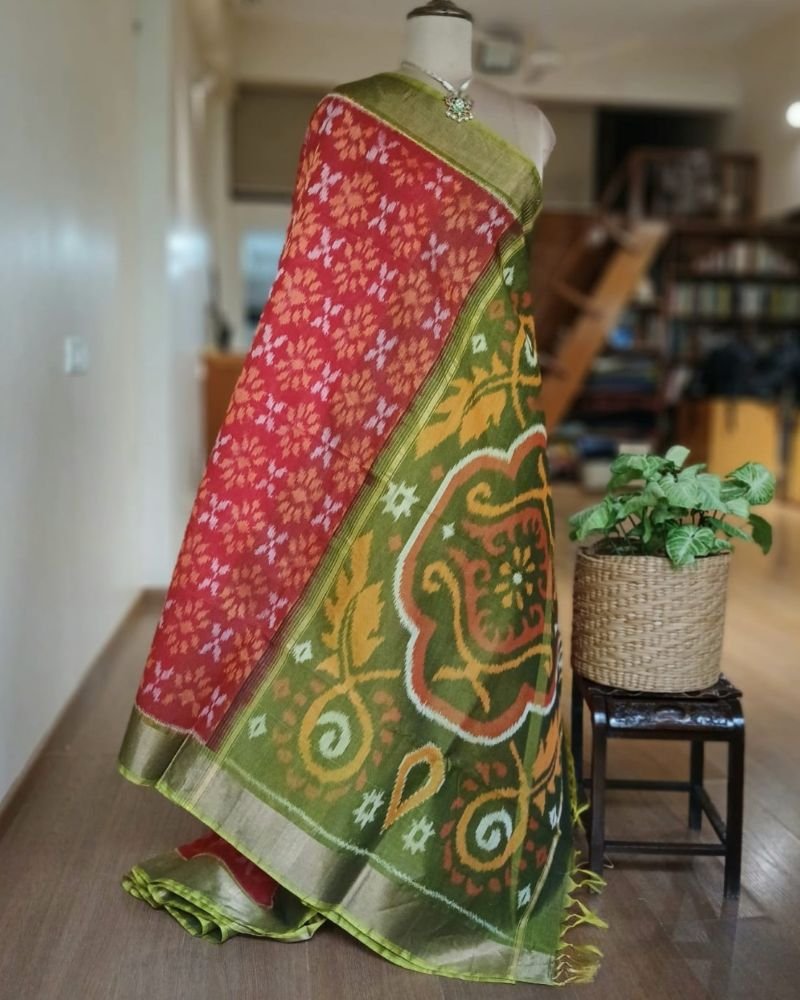 Handloom Single Ikat in Silk-Cotton Saree – (HSIS0039) - Image 7