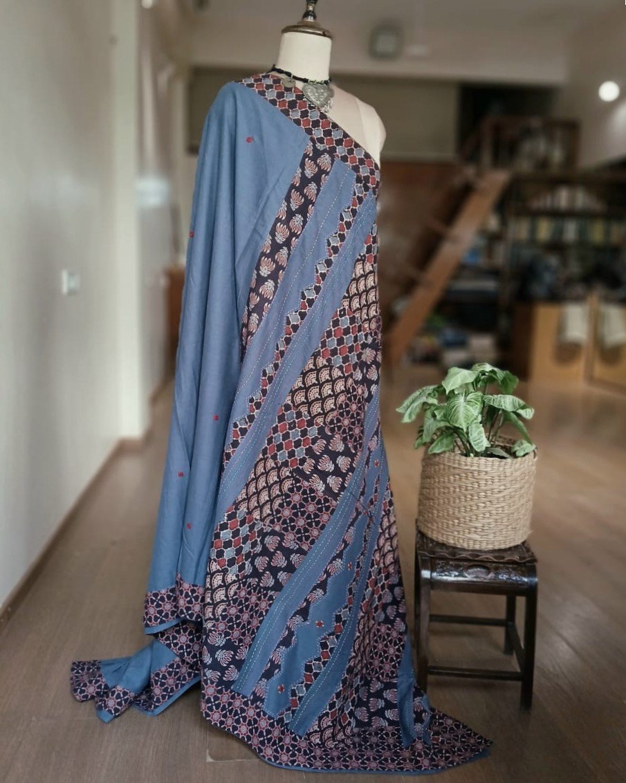 Ajrakh Applique Saree in Mul Cotton – (MCAS0014)