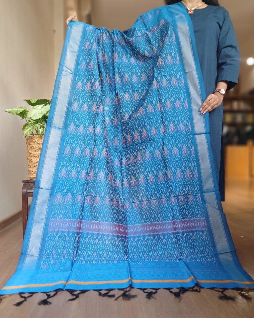 Silk-cotton Ikat Dupatta from Telengana – (SCDT0079) - Image 2