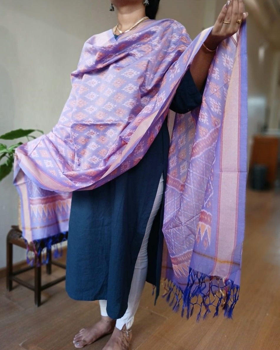 Silk-cotton Ikat Dupatta from Telengana – (SCDT0069) - Image 2