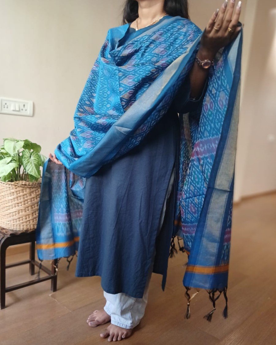 Silk-cotton Ikat Dupatta from Telengana – (SCDT0079) - Image 4