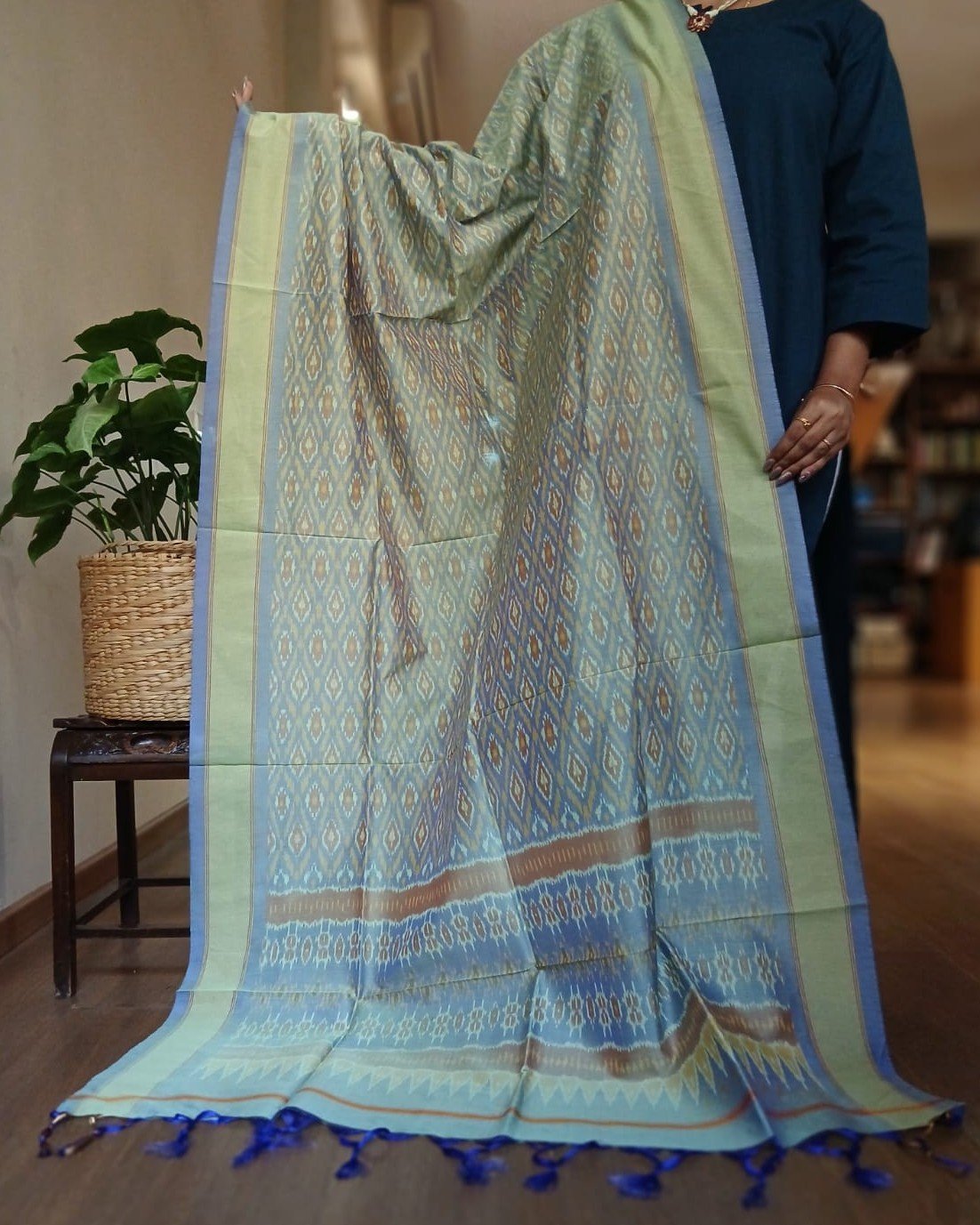 Silk-cotton Ikat Dupatta from Telengana – (SCDT0078) - Image 3