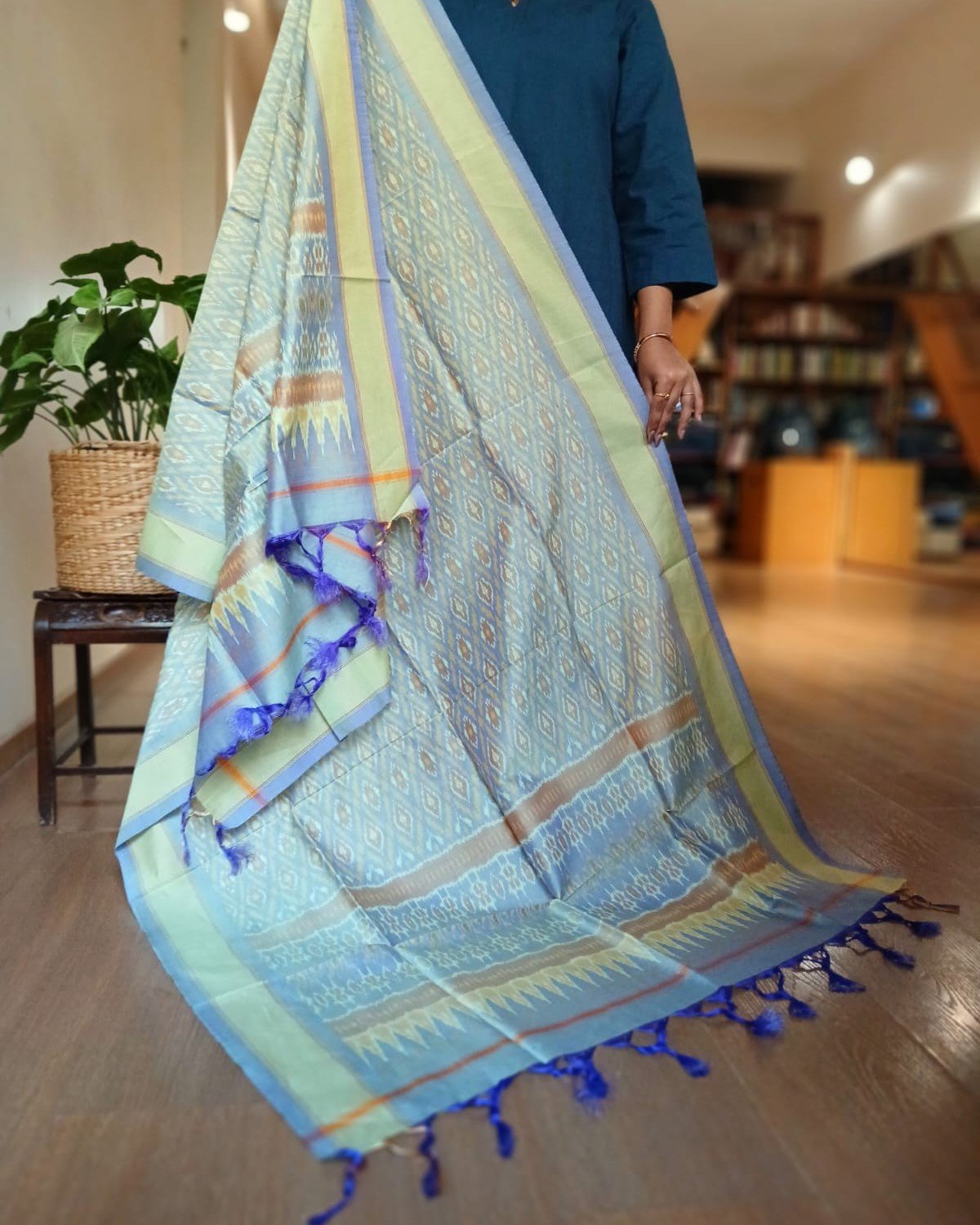 Silk-cotton Ikat Dupatta from Telengana – (SCDT0078)