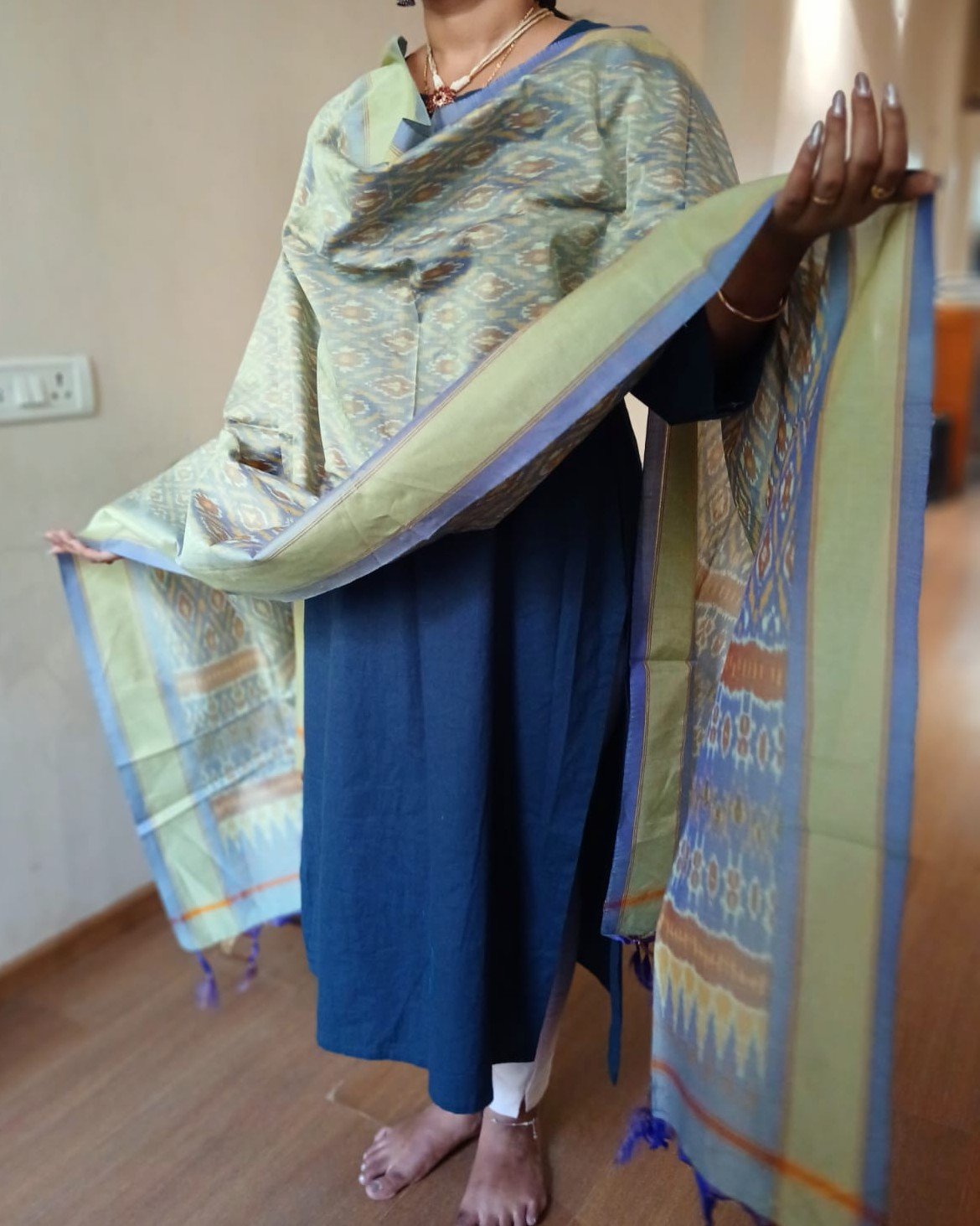 Silk-cotton Ikat Dupatta from Telengana – (SCDT0078) - Image 2