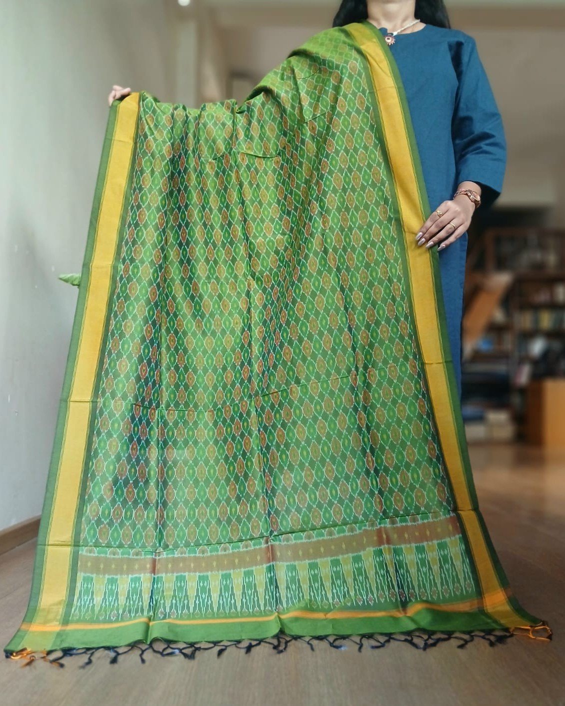 Silk-cotton Ikat Dupatta from Telengana – (SCDT0080) - Image 2
