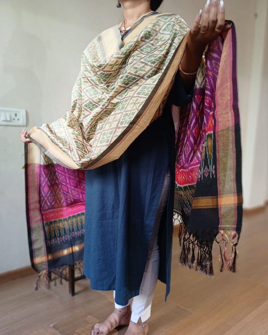 Silk-cotton Ikat Dupatta from Telengana – (SCDT0070) - Image 2