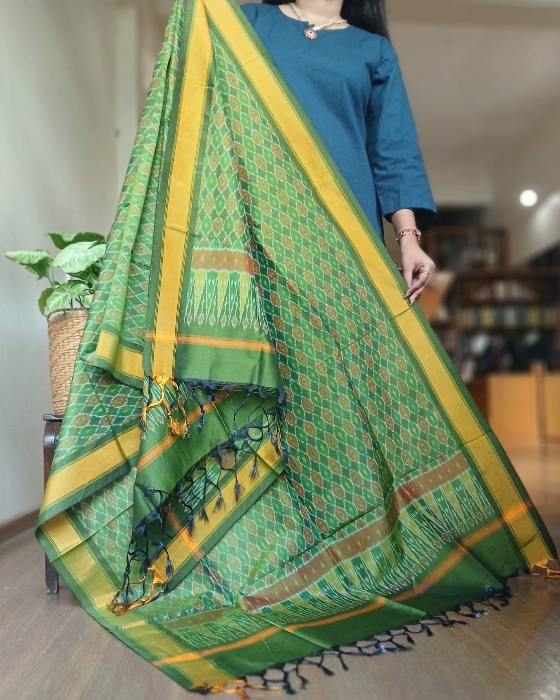 Silk-cotton Ikat Dupatta from Telengana – (SCDT0080)