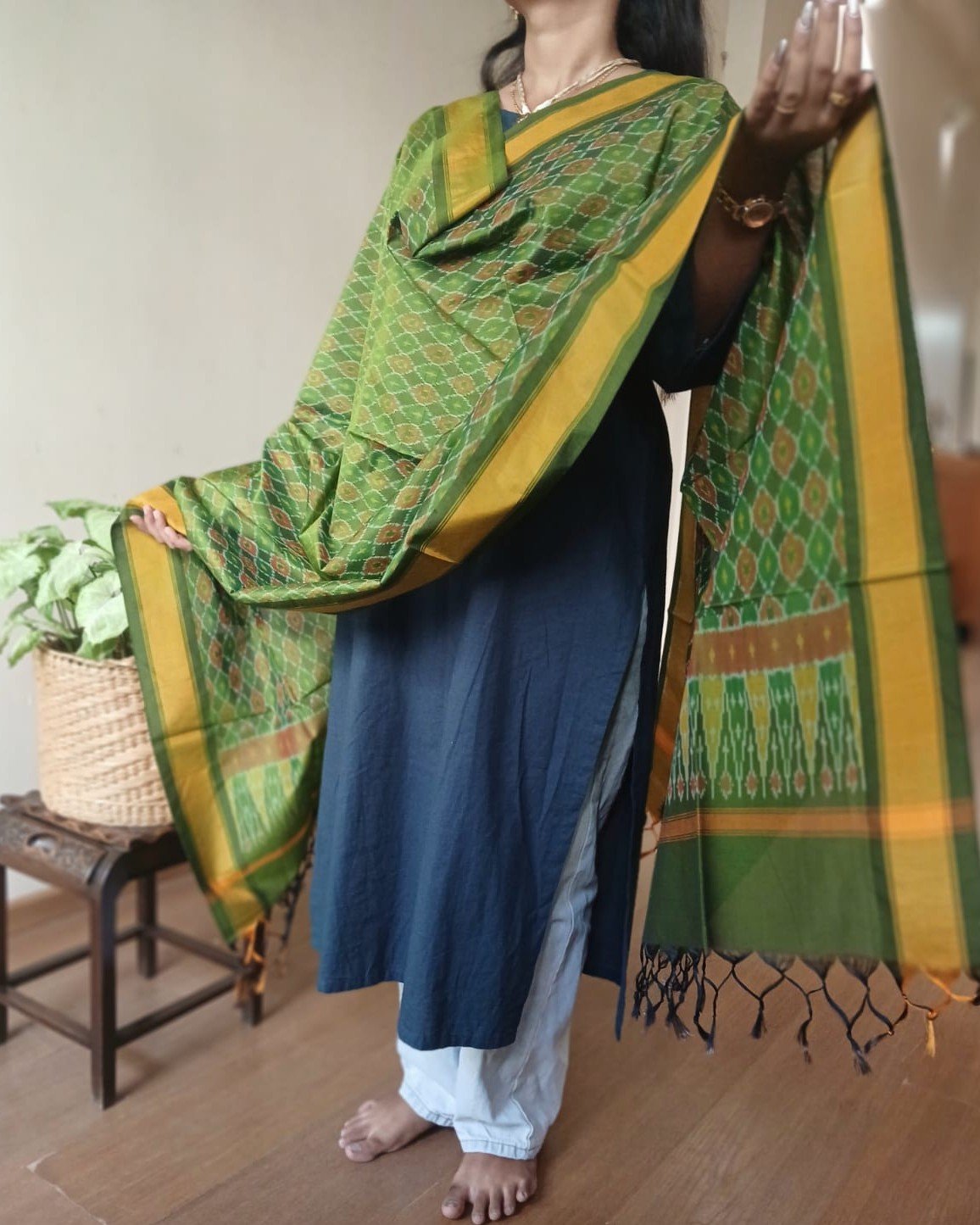 Silk-cotton Ikat Dupatta from Telengana – (SCDT0080) - Image 4