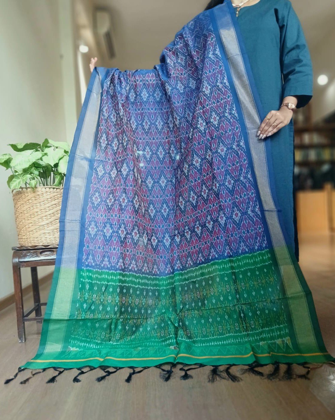 Silk-cotton Ikat Dupatta from Telengana – (SCDT0081) - Image 2