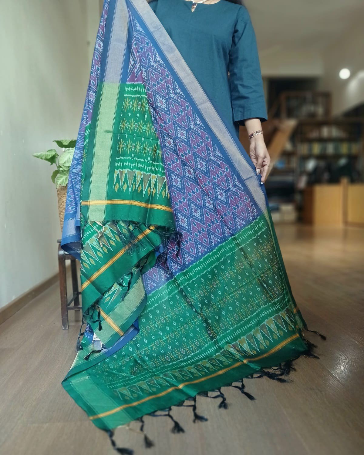 Silk-cotton Ikat Dupatta from Telengana – (SCDT0081)