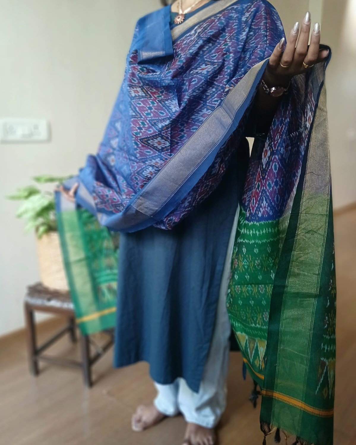 Silk-cotton Ikat Dupatta from Telengana – (SCDT0081) - Image 4