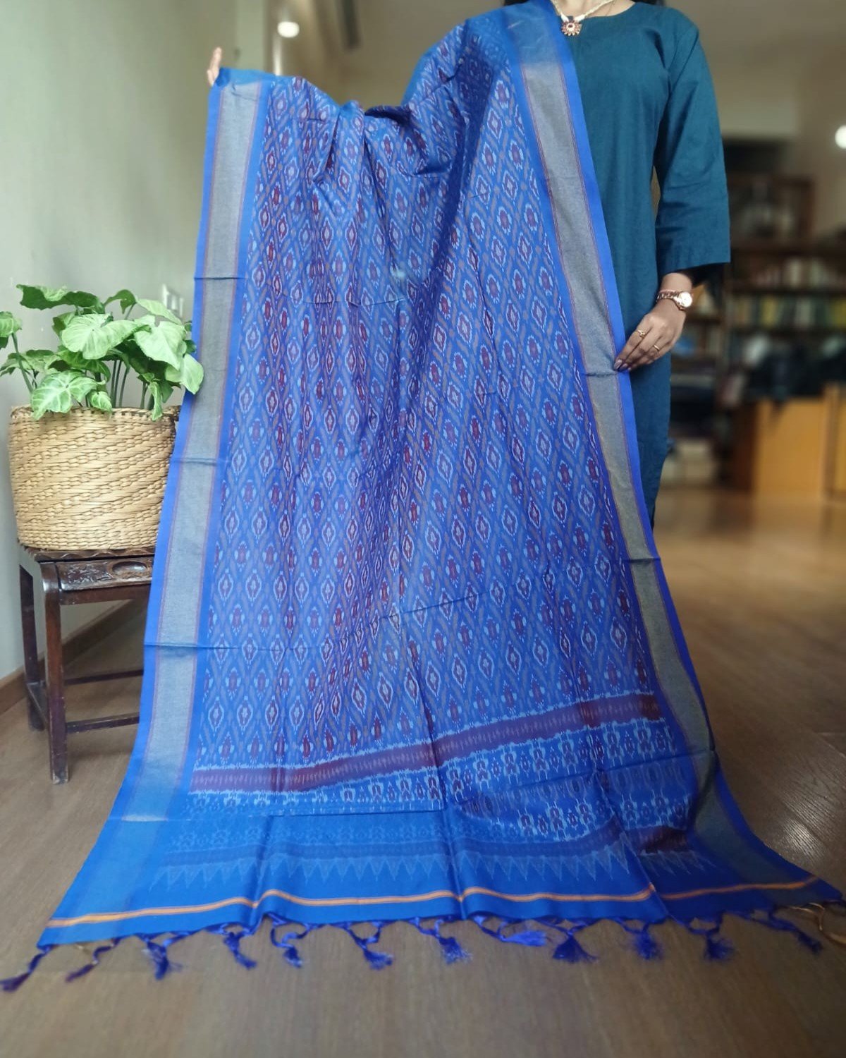 Silk-cotton Ikat Dupatta from Telengana – (SCDT0082) - Image 2