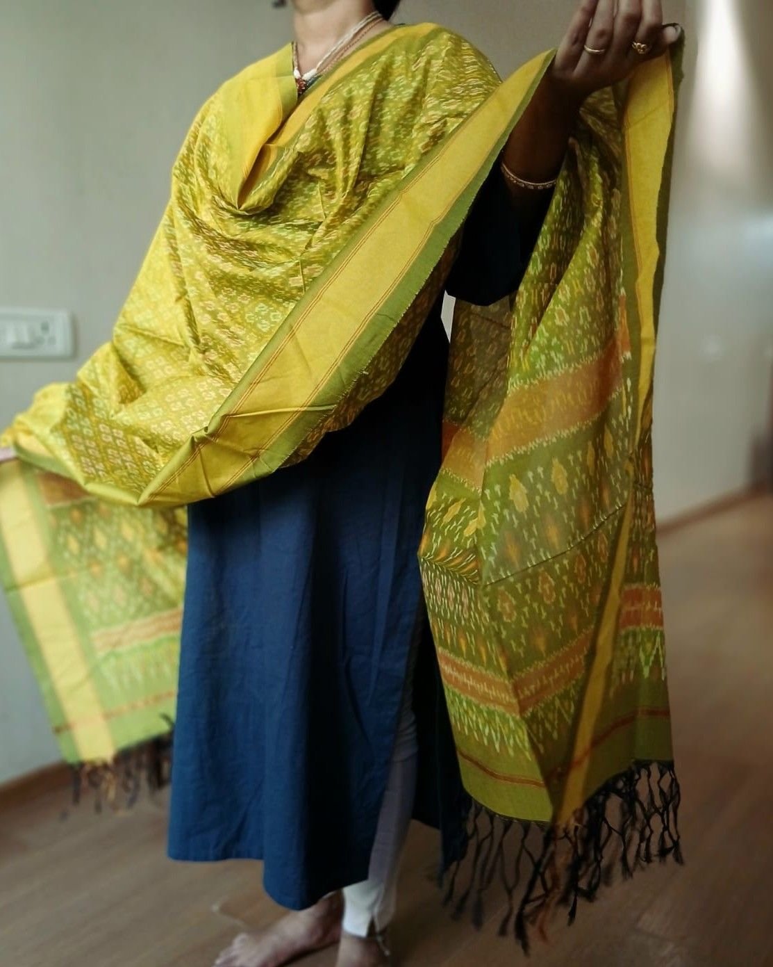 Silk-cotton Ikat Dupatta from Telengana – (SCDT0072) - Image 2