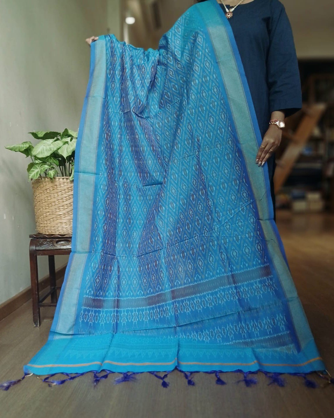 Silk-cotton Ikat Dupatta from Telengana – (SCDT0083) - Image 2