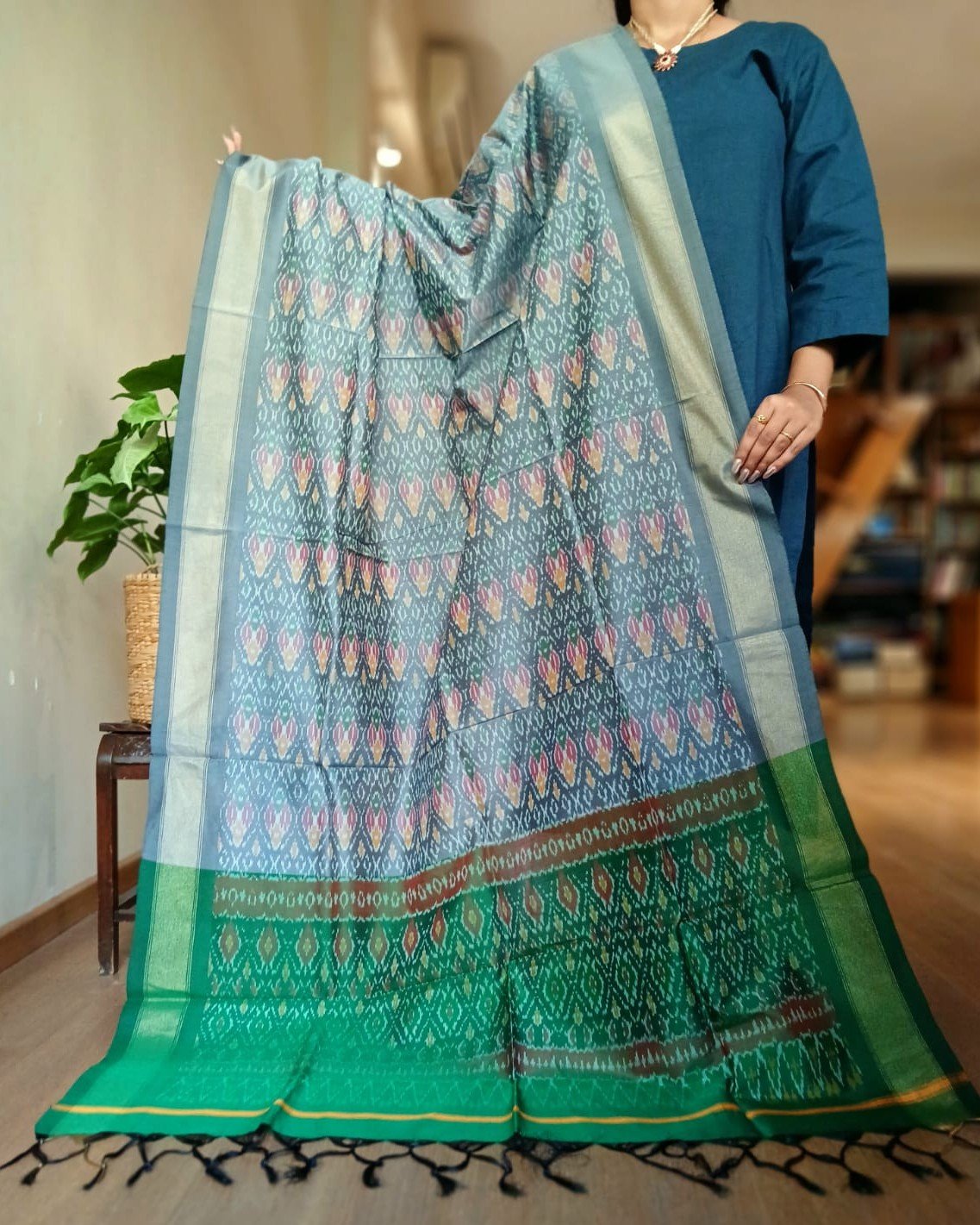 Silk-cotton Ikat Dupatta from Telengana – (SCDT0073) - Image 3