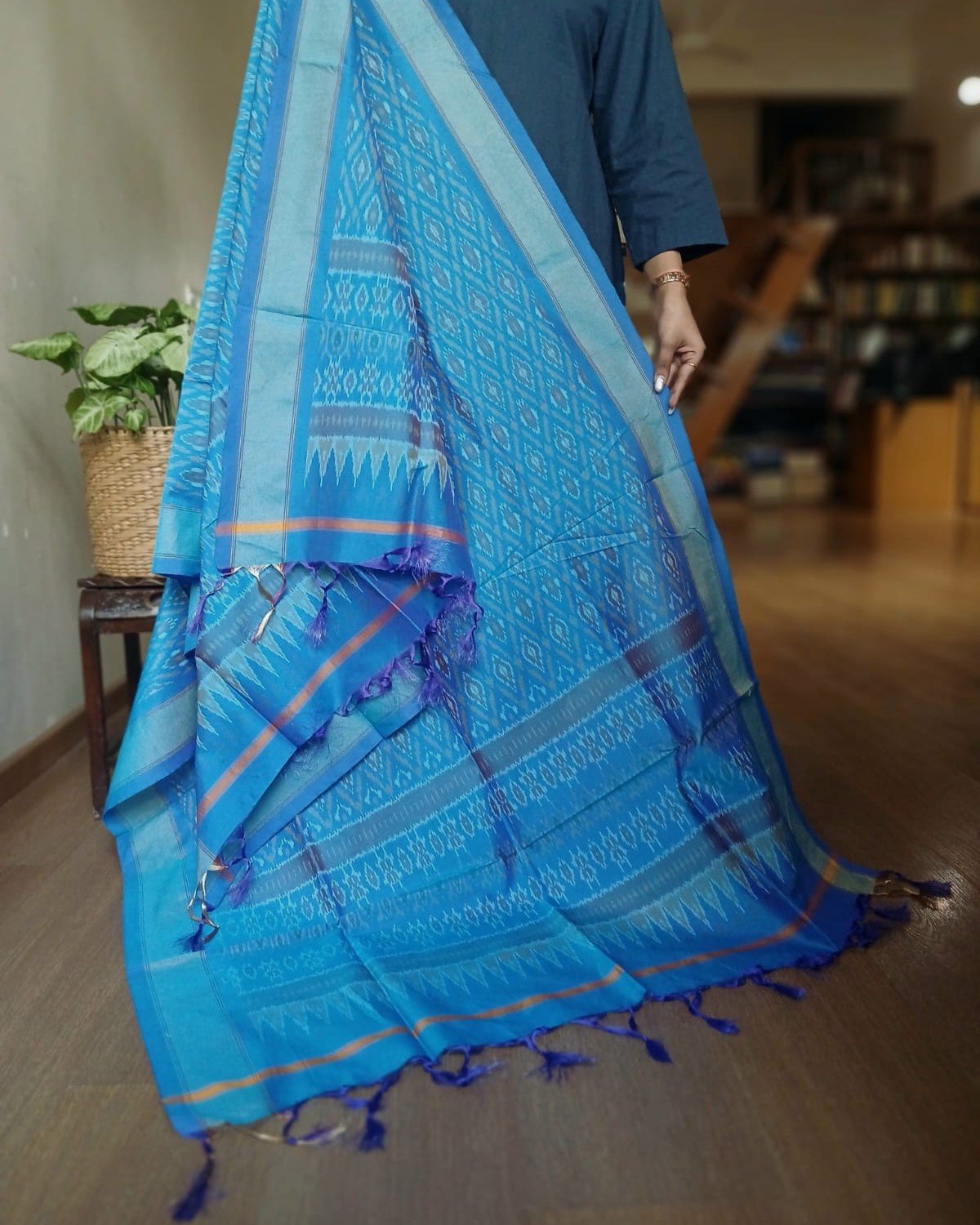 Silk-cotton Ikat Dupatta from Telengana – (SCDT0083)