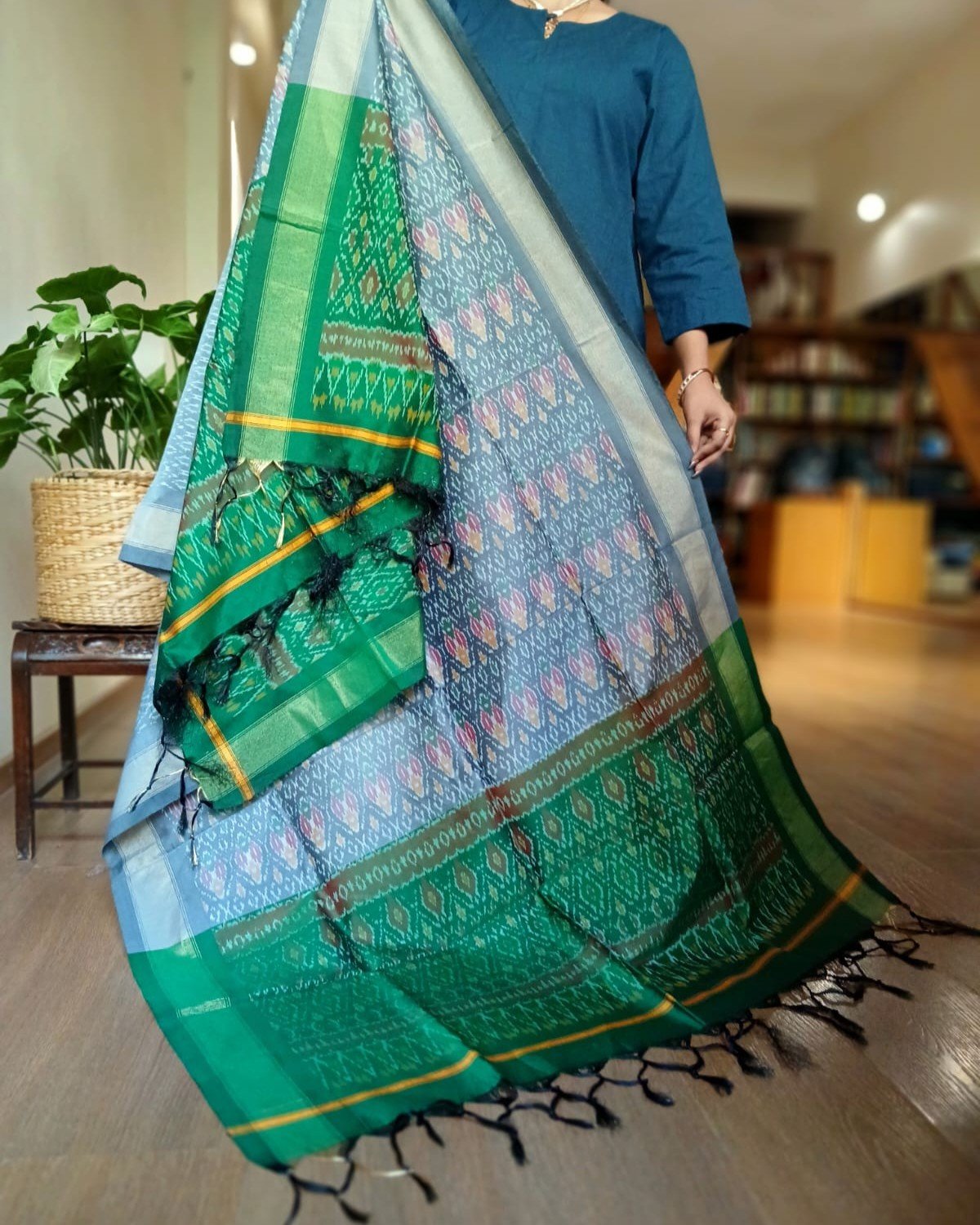 Silk-cotton Ikat Dupatta from Telengana – (SCDT0073)