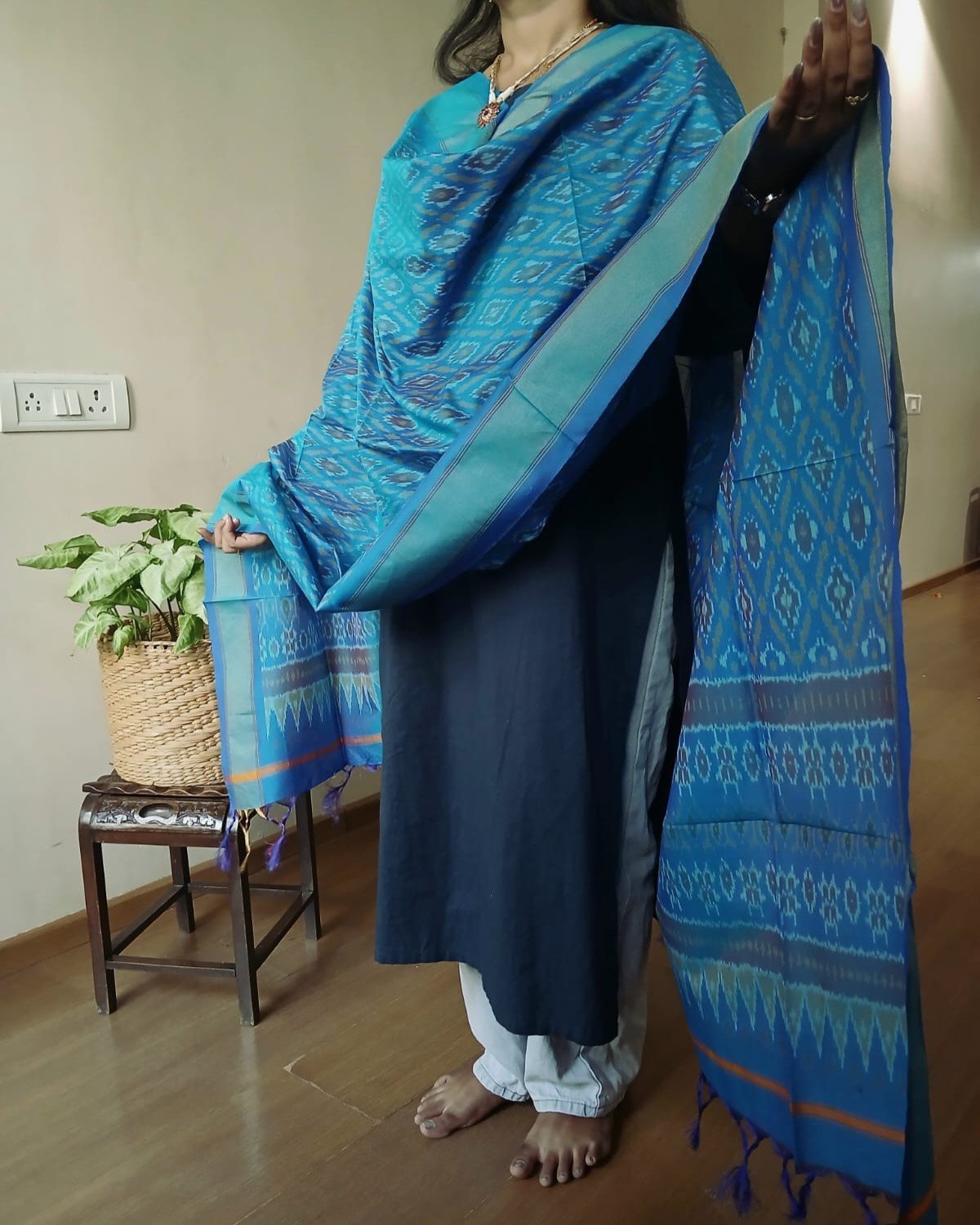 Silk-cotton Ikat Dupatta from Telengana – (SCDT0083) - Image 4