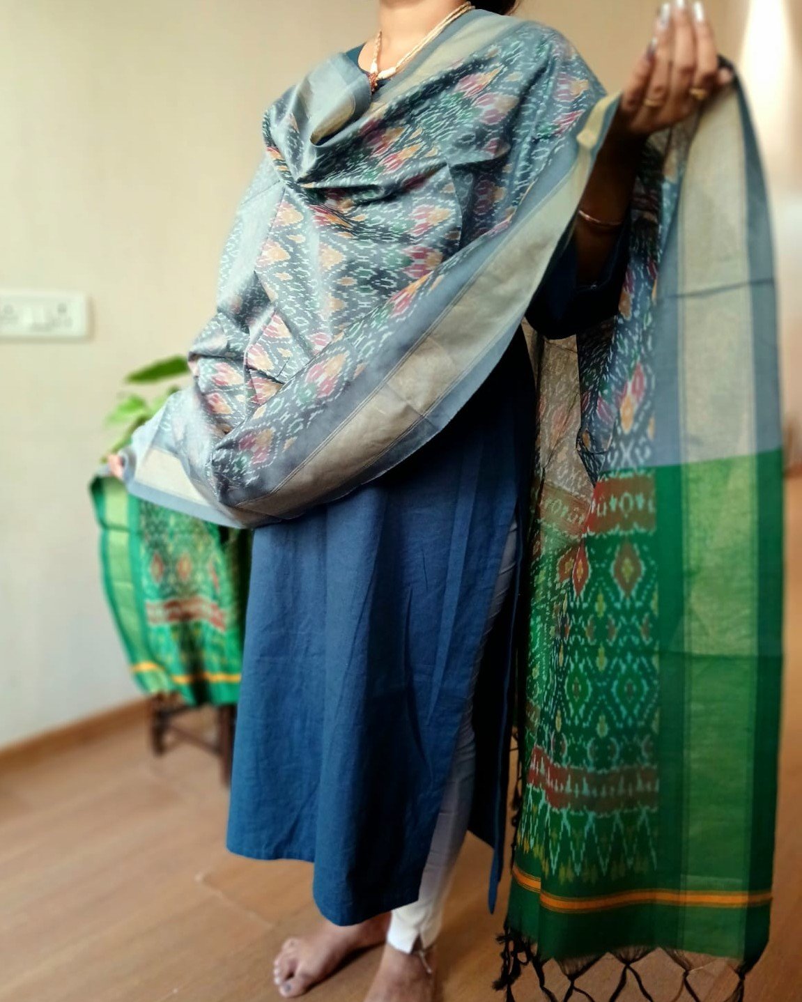 Silk-cotton Ikat Dupatta from Telengana – (SCDT0073) - Image 2