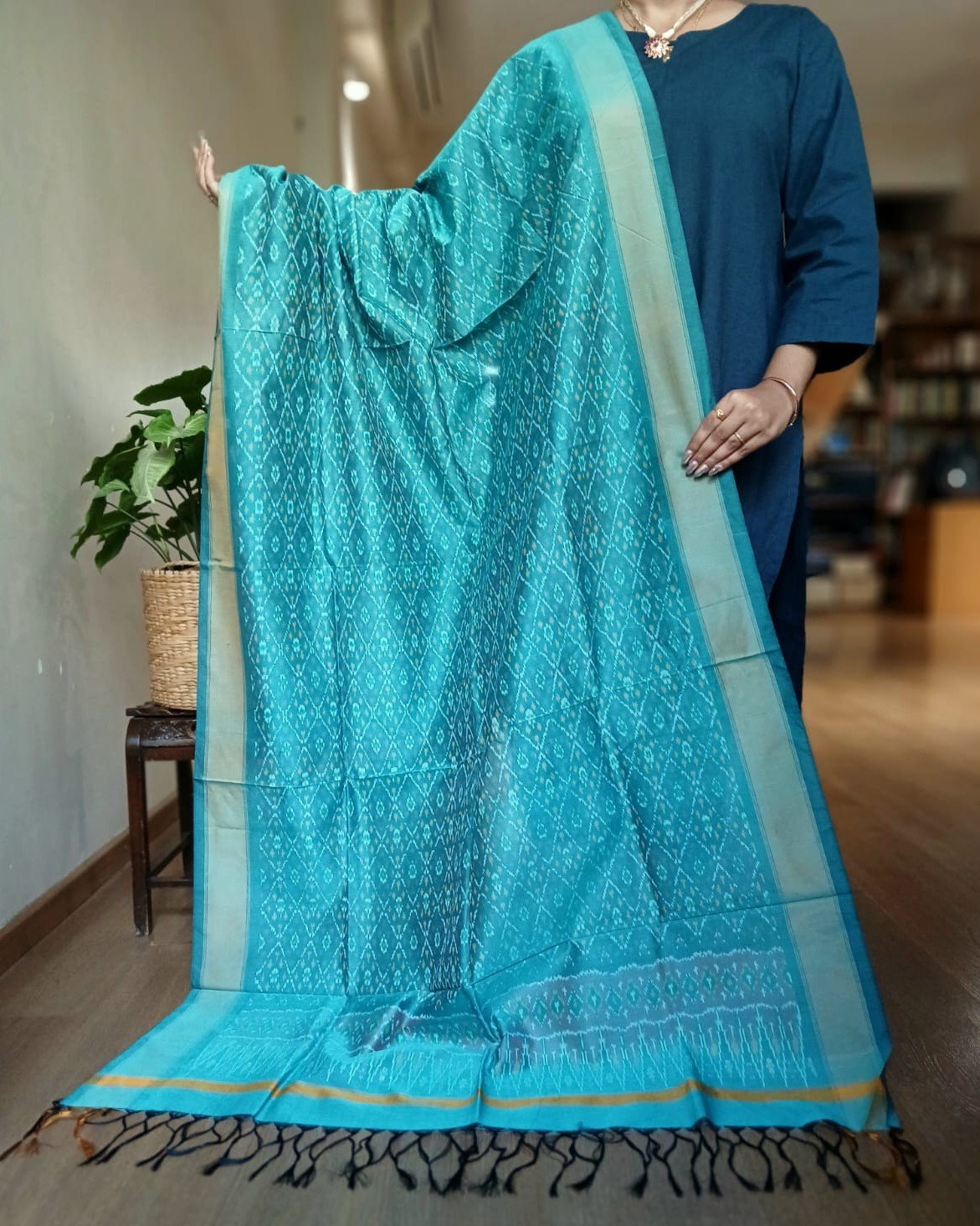 Silk-cotton Ikat Dupatta from Telengana – (SCDT0074) - Image 2