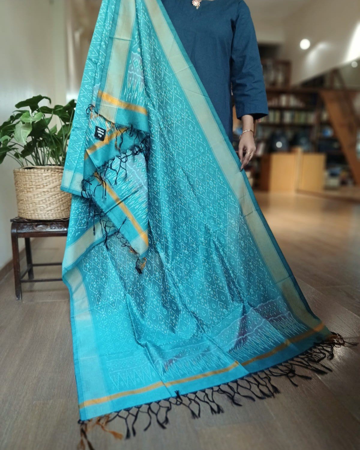 Silk-cotton Ikat Dupatta from Telengana – (SCDT0074)