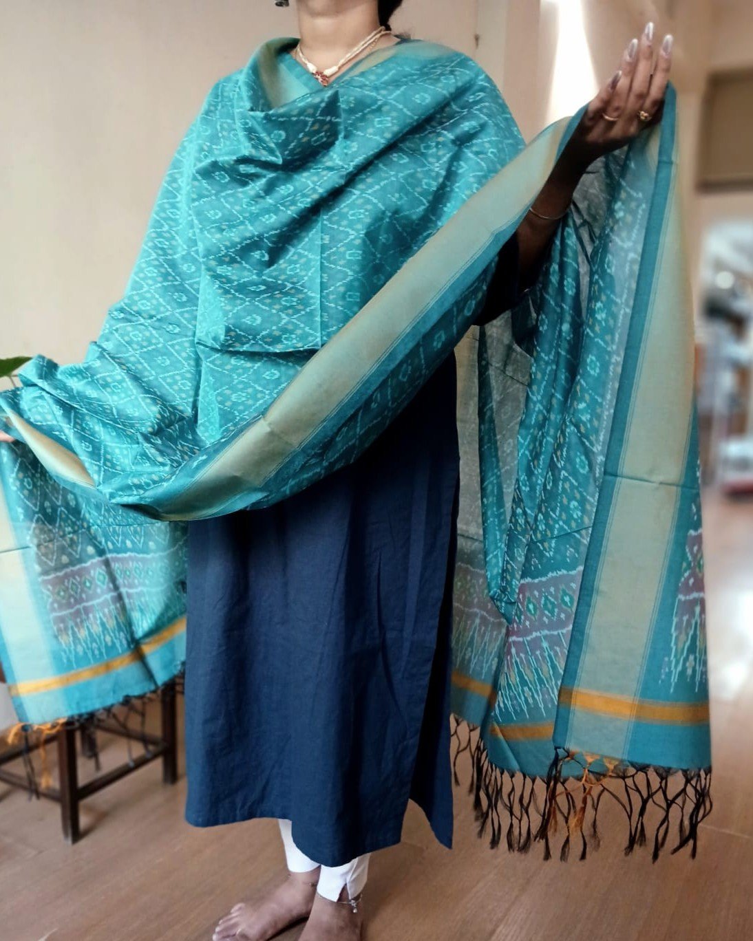 Silk-cotton Ikat Dupatta from Telengana – (SCDT0074) - Image 3