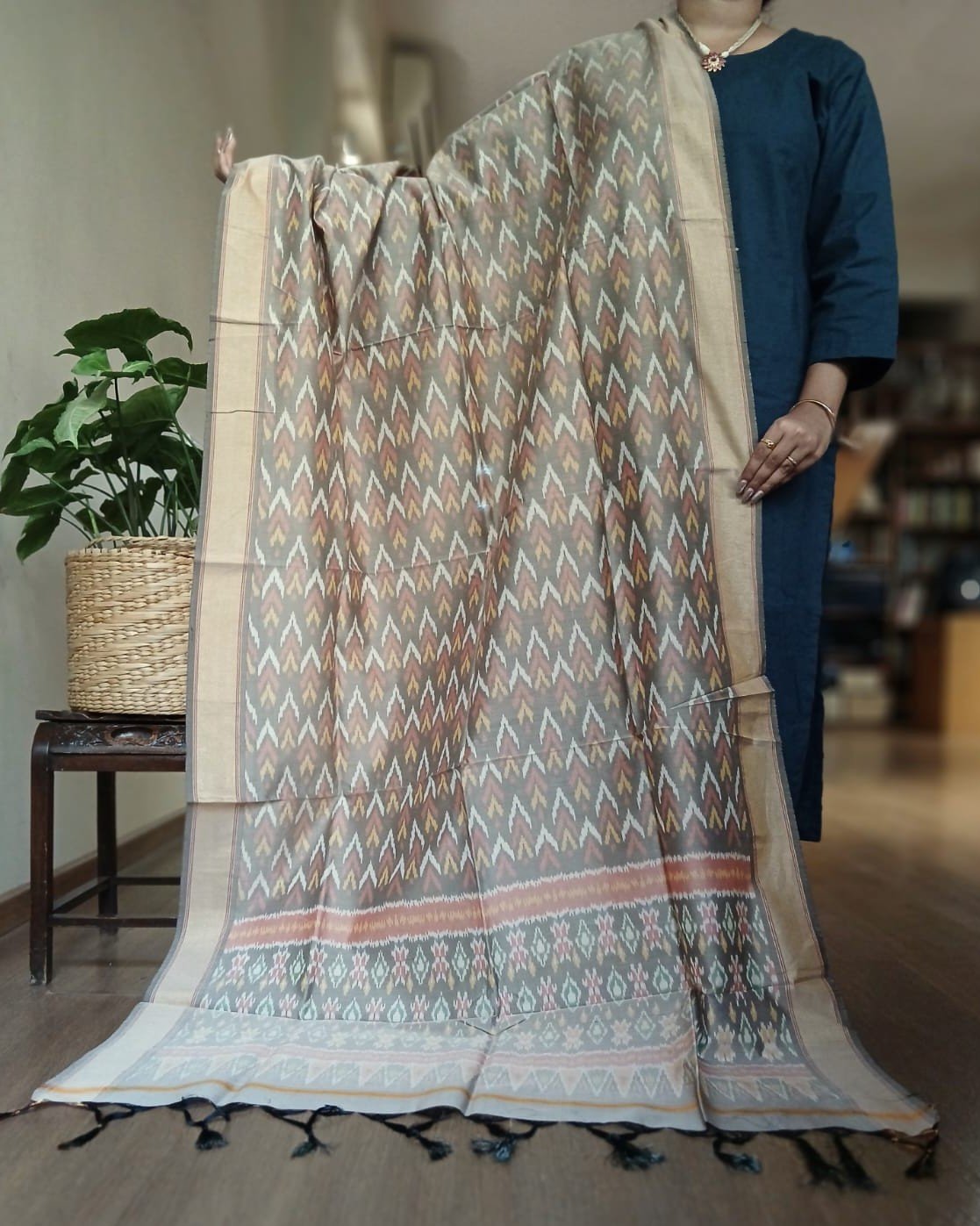 Silk-cotton Ikat Dupatta from Telengana – (SCDT0075) - Image 3