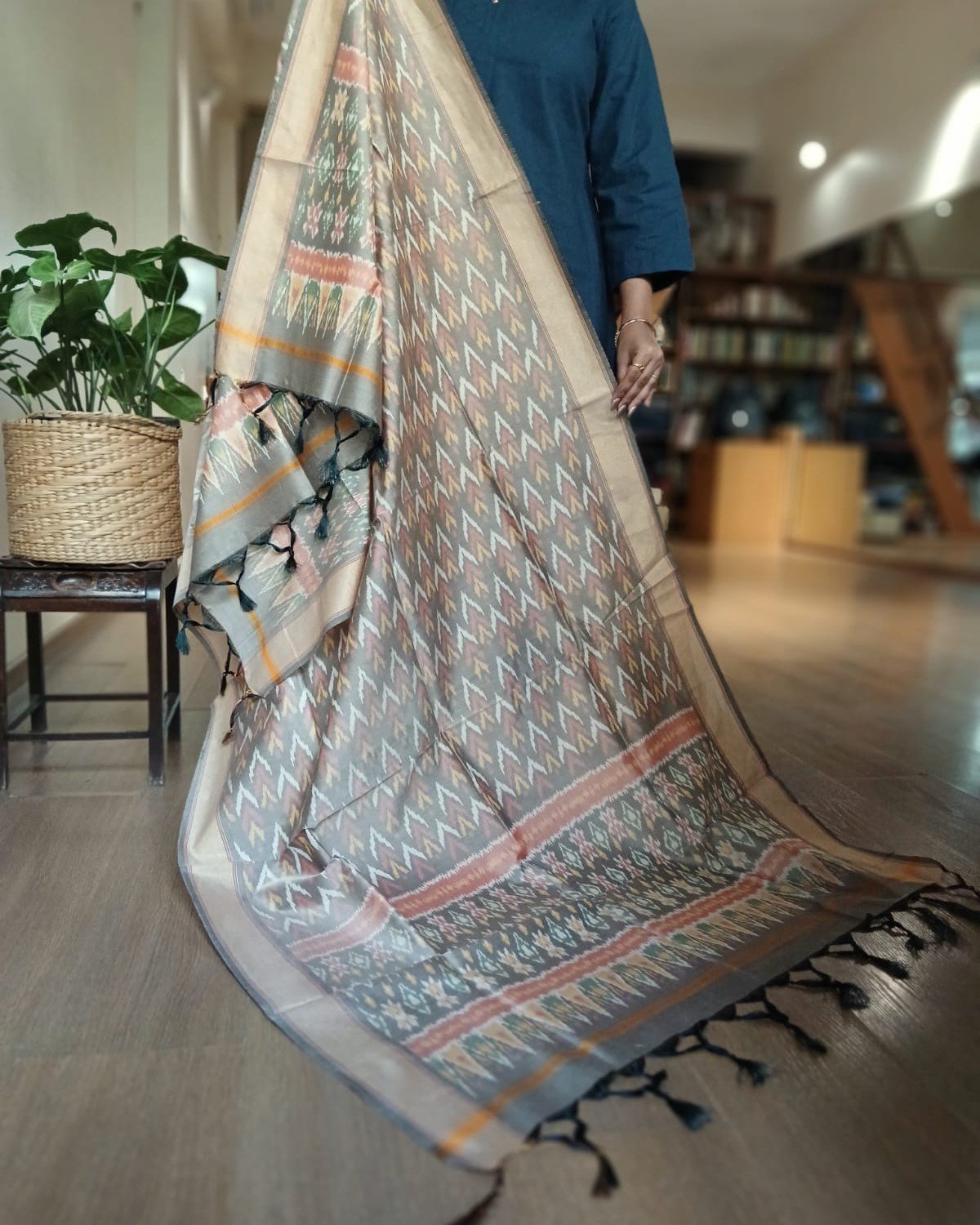 Silk-cotton Ikat Dupatta from Telengana – (SCDT0075)