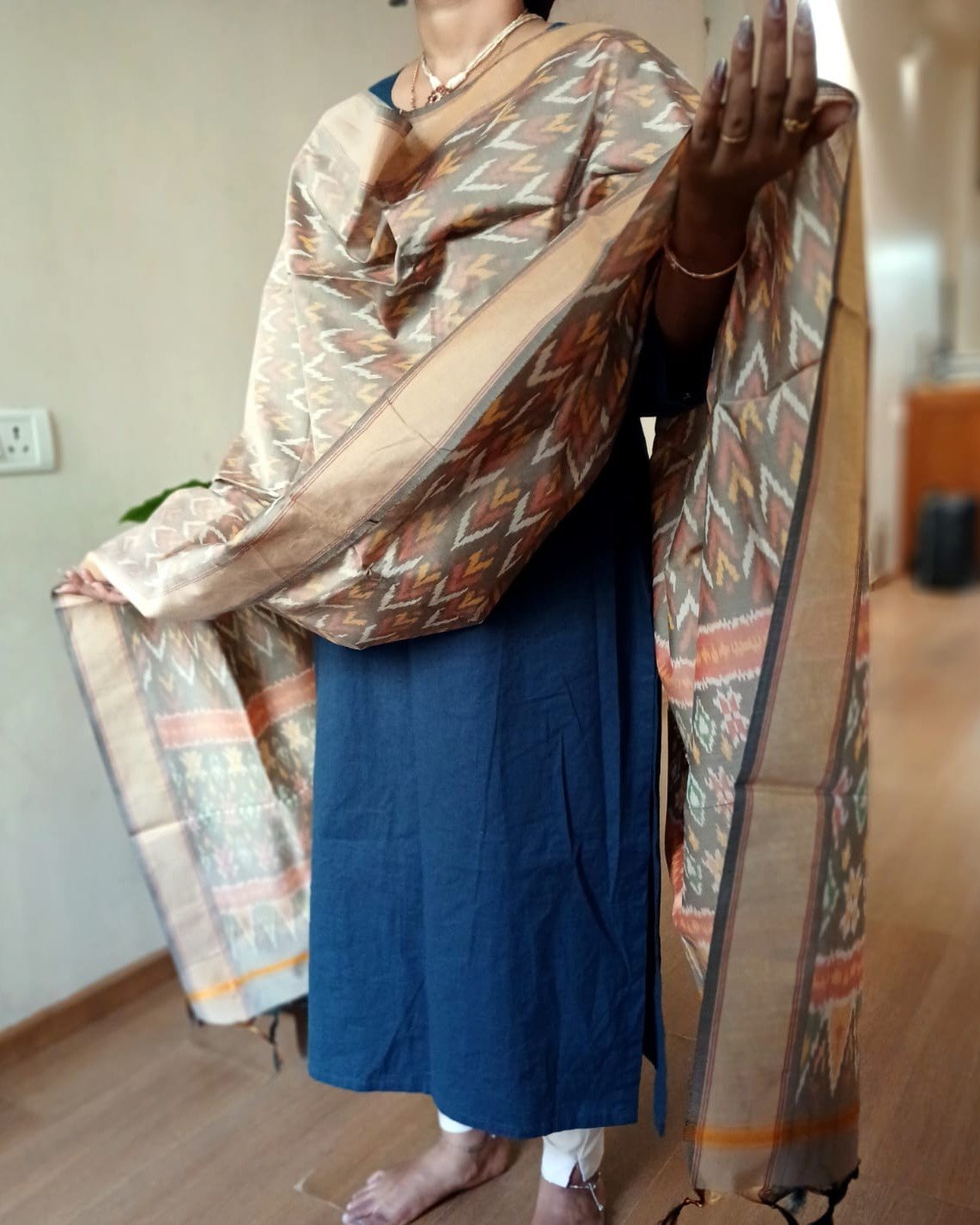 Silk-cotton Ikat Dupatta from Telengana – (SCDT0075) - Image 2