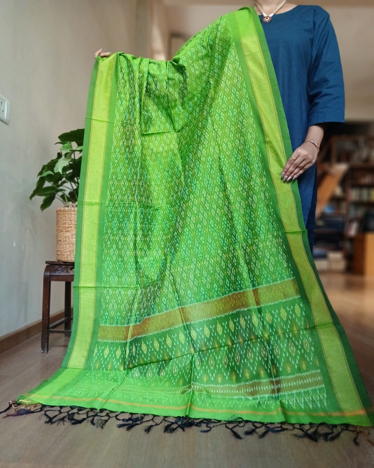 Silk-cotton Ikat Dupatta from Telengana – (SCDT0076) - Image 3