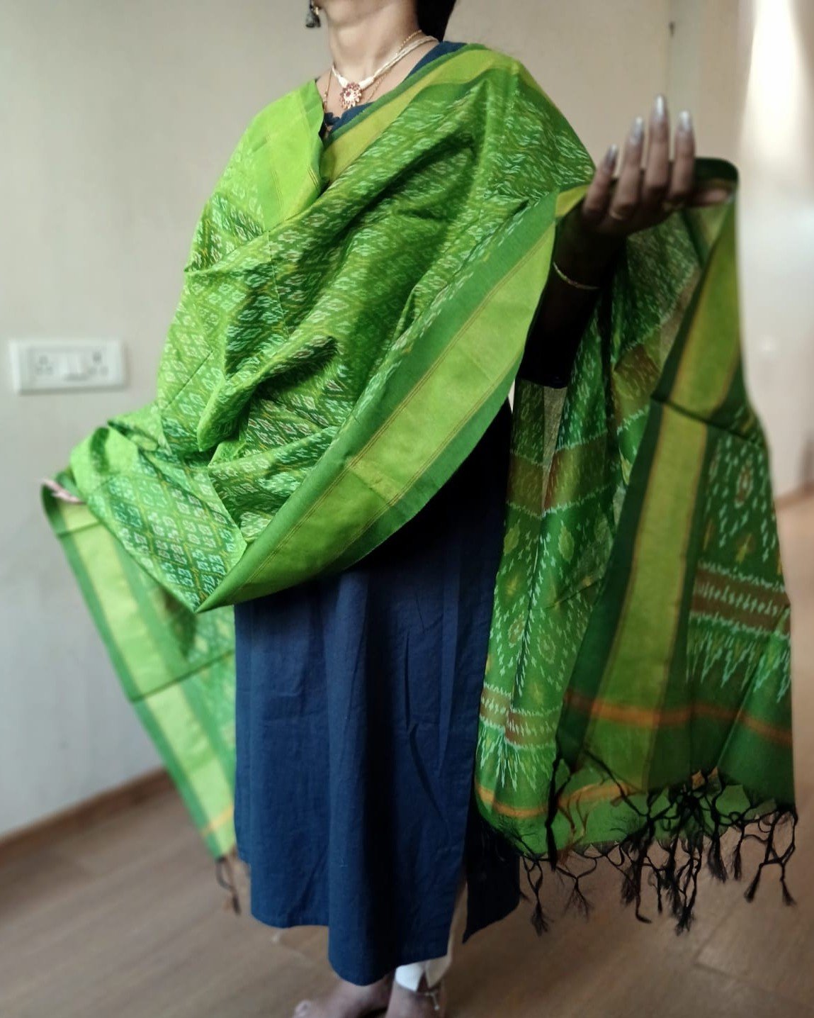 Silk-cotton Ikat Dupatta from Telengana – (SCDT0076) - Image 2