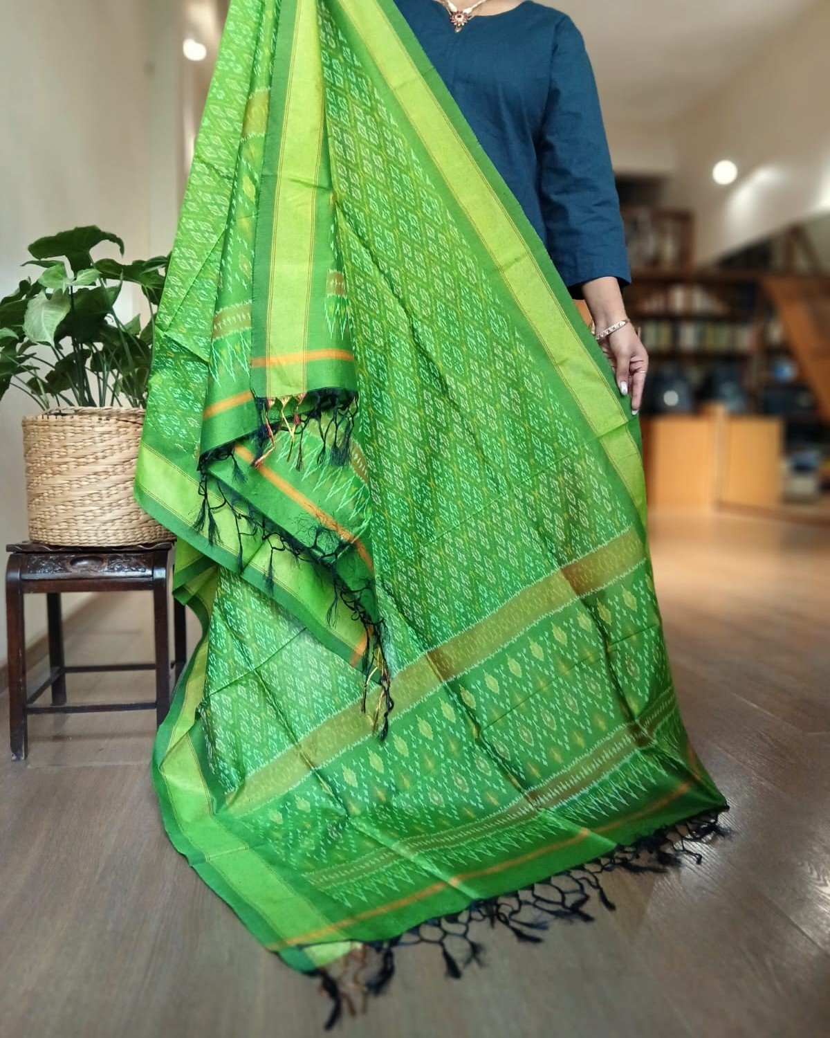 Silk-cotton Ikat Dupatta from Telengana – (SCDT0076)
